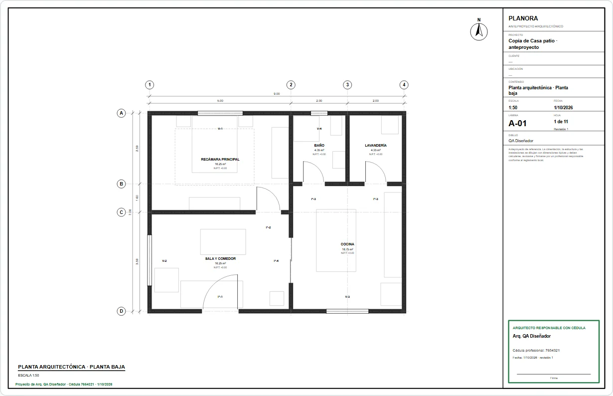 Lámina A-01 de un plano para licencia de construcción, planta arquitectónica con cajetín y firma del responsable