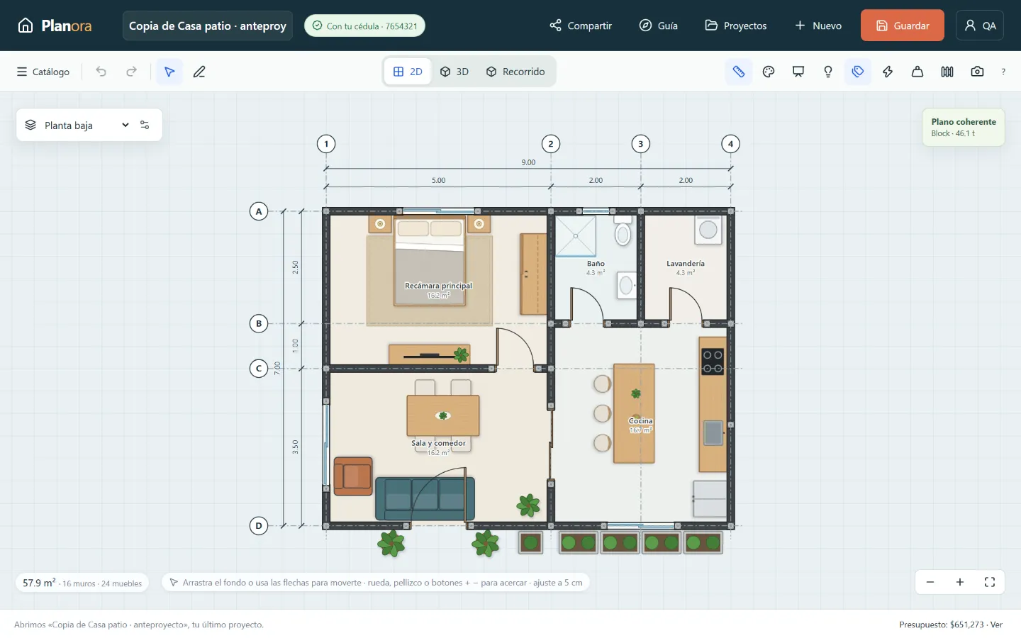 Plano de casa en 2D con recámara, baño, lavandería, cocina y sala comedor amueblados
